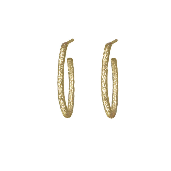 open hoop, post wire textured hoop earring as seen on HBO’s The Newsroom, in 18k yellow gold <span class='visuallyhidden'>Call, text 323-404-2959 for shopping help.</span>
